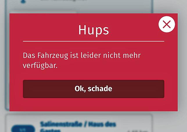 Fehlermeldung der App, obwohl das Fahrzeug zum gewünschten Termin eigentlich verfügbar war.