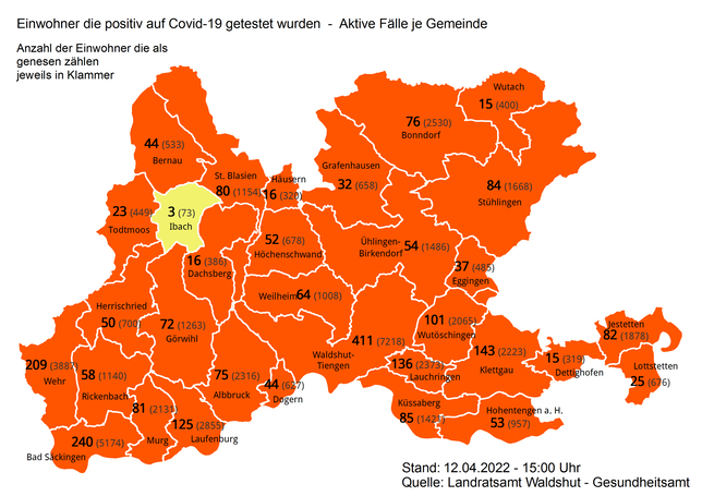 Zahlen der aktiven Coronainfektionen und der Genesenen in den Städten und Gemeinden im Kreis Waldshut am 12. April 2022.
