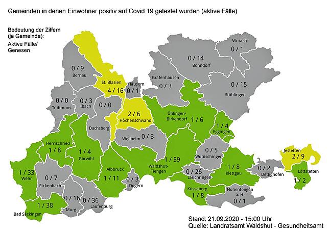 Zahl der Sars-CoV-2-Infektionen und Genesenen in den Städten und Gemeinden im Landkreis Waldshut am 21. September 2020.