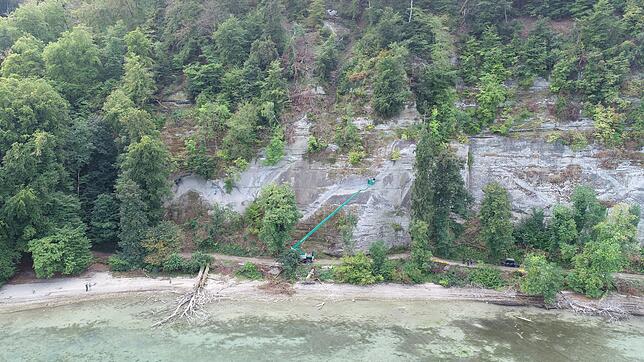In einem Teleskopkorb haben Experten den Mondfelsen am Uferweg zwischen Bodman und Marienschlucht untersucht und kartiert. Sie fanden 12 ...