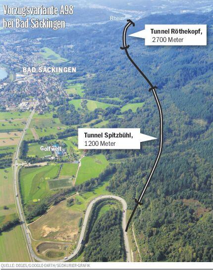 Die Vorzugstrasse schließt nach aktuellen Planungen der Deges am bestehenden A98-Teilstück bei Rothaus an (im Vordergrund), führt danach ...