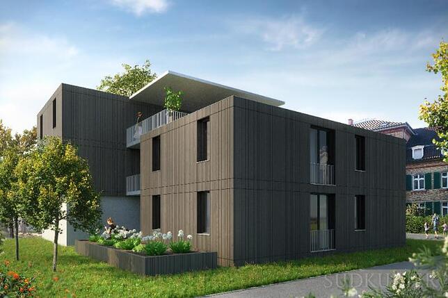 So sollen die vier Wohnungen in der Schottenstraße aussehen.Sie werden mit vorgefertigten Holzmodulen errichtet.