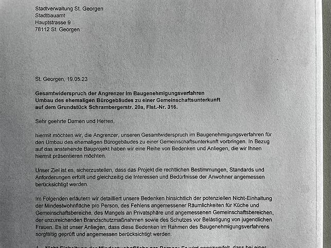 Diesen Brief haben Anwohner rund um die geplante Unterkunft an die Stadtverwaltung gerichtet.