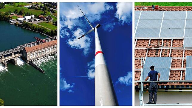 Grüne Energie: Wasserkraftwerk in Laufenburg, Windrad im Windpark Falkenhöhe, Solarzellen auf einem Dach.