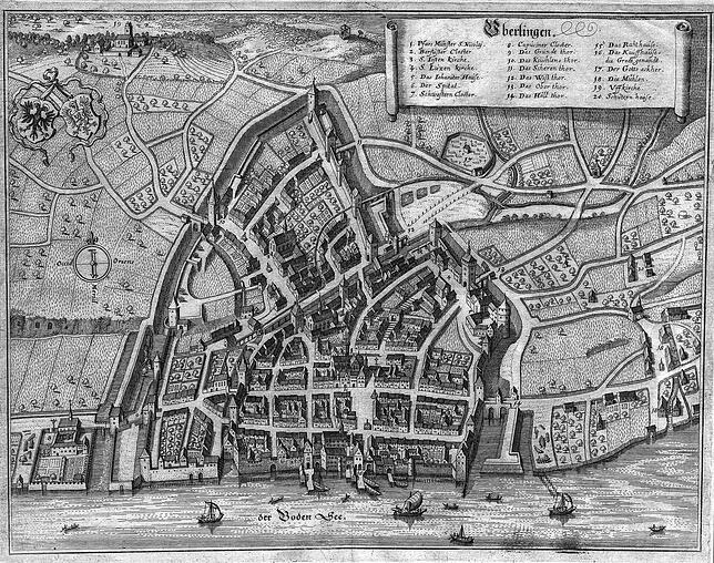 Agrarhandelszentrum Überlingen um 1640: In der Bildmitte oben ist der Galgenbühl mit Galgen und Rad zu sehen, der Überlinger ...