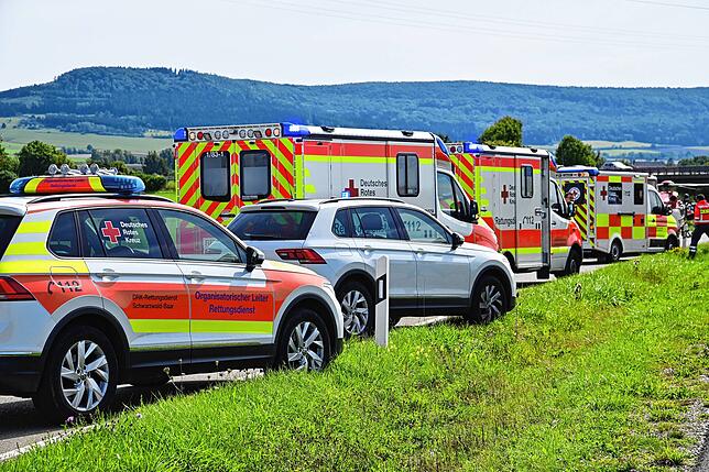 Rettungsfahrzeuge stehen aufgereiht am Rand der Kreisstraße.