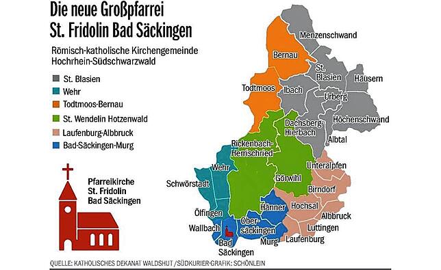 Die neue Gemeinde im Westen des Landkreis Waldshut besteht aus den bisherigen Seelsorgeeinheiten Bad Säckingen-Murg, St. Wendelinus ...