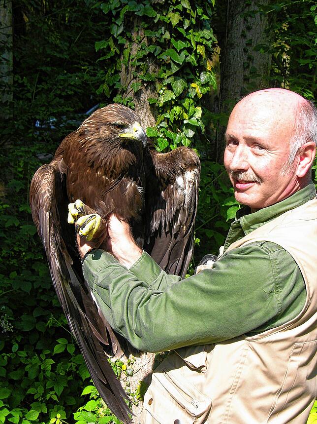 Adler Artus, hier mit Tierpfleger Hubert Rossa, war einer der Attraktionen im Waldshuter Wildgehege.