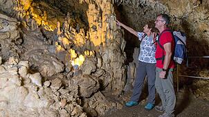 Die 330 Meter lange natürliche Tropfsteinhöhle bei Kolbingen öffnet sich am Rand einer hohen Felswand über dem Donautal und kann auf ...