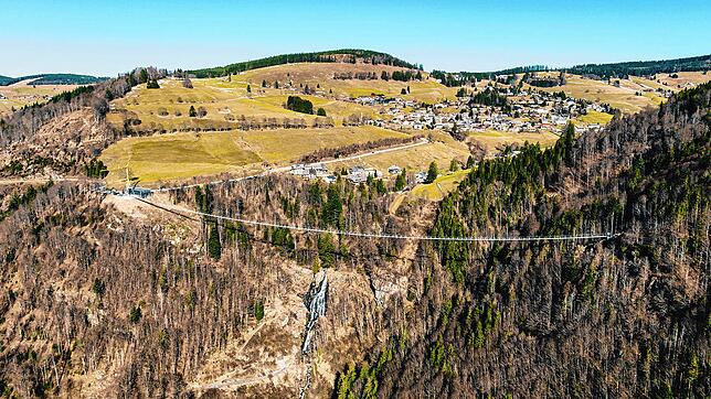 Atemberaubender Blick: Die Drohen-Aufnahme zeigt die Dimensionen der riesigen Brücke, die das Tal beim Todtnauer Wasserfall überspannt. ...