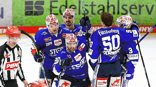 Jubel bei den Wild Wings: Soeben hat Tylor Spink (vorn) den Treffer zum 3:0 erzielt. Bild: Roger Müller