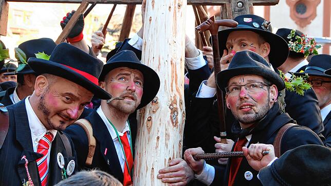 Endlich wieder! Am ersten Faissen stellen Wälder in Bad Säckingen den Narrenbaum &ndash; zuletzt war das 2020 möglich.