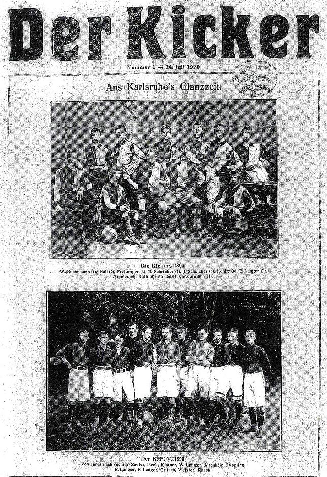 Am 14. Juli 1920 erscheint die erste Ausgabe „Der Kicker“ mit Mannschaftsfotos der Karlsruher Kickers und des Karlsruher FV ...