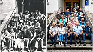 Die Klasse 13a im Jahr 1975 (linkes Foto) und heute; an dem Treffen 50 Jahre nach dem Abitur nahmen auch drei Lehrer teil.