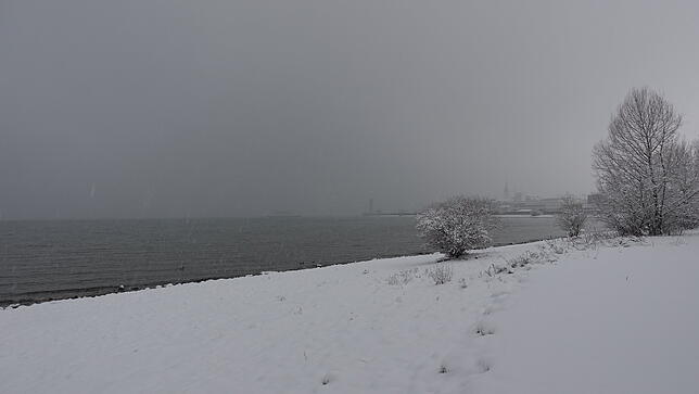 Suchbild: Irgendwo im Grau steuert gerade die Fähre aus Romanshorn den Häfler Hafen an.