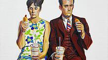 &bdquo;Eating Figures (Quick Snack)&ldquo; von 1963. Im skeptischen Blick des Paars auf die Hot Dogs in seinen Händen scheint der Humor ...