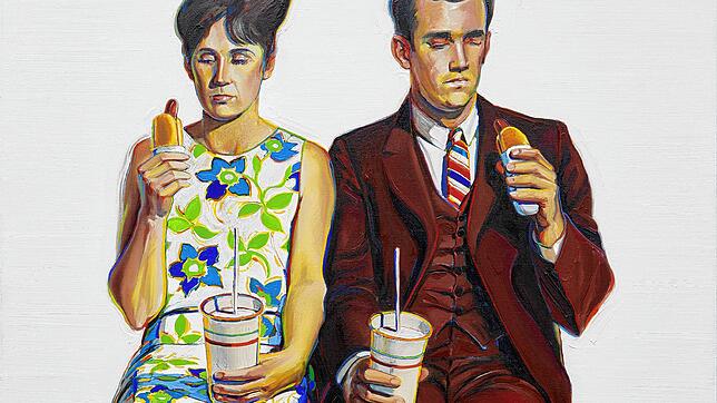 &bdquo;Eating Figures (Quick Snack)&ldquo; von 1963. Im skeptischen Blick des Paars auf die Hot Dogs in seinen Händen scheint der Humor ...