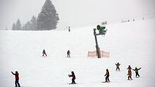 Eine Gruppe eines Skikurses fährt am 10.01.2017 eine Piste auf dem höchsten Berg des Schwarzwaldes, dem Feldberg (Baden-Württemberg), ...