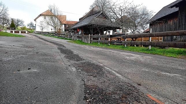 Der für das Glasfaser aufgefräste Lindenweg im Herrischrieder Ortsteil Großherrischwand. Im Hintergrund das Freilichtmuseum Klausenhof.