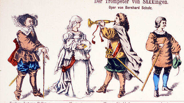Kolorierte Figuren zum Ausschneiden aus einem Bastelbogen gab es zur Trompeter-Oper von Bernhard Scholz.