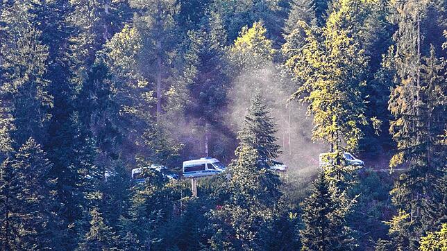 Die Suche geht weiter: Mannschaftswagen der Polizei fahren zum Einsatz durch den Wald in der Nähe von Oppenau.