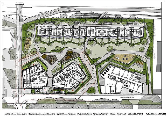 Das ist der Lageplan des Quartiers Weiherhof Nord: Oben das Gebäude D vor den Bahngleisen. Links die Gebäude A und B, rechts das neue ...