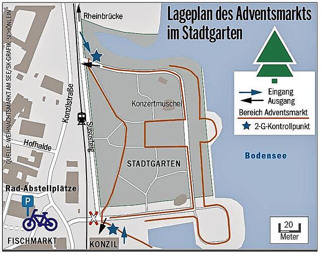 Der Lageplan des diesjährigen Adventsmarkts: An den zwei Eingängen wird der 2G-Nachweis der Besucher kontrolliert.