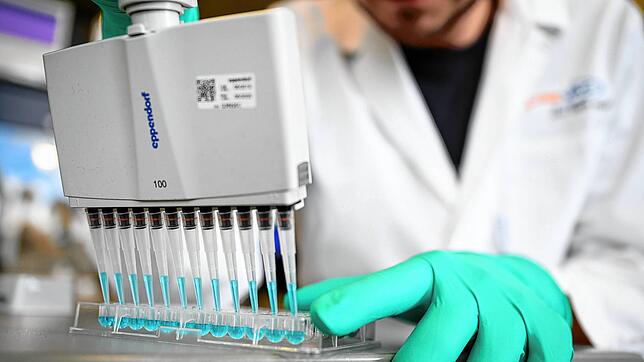 Ein Mitarbeiter des Labors des Tübinger Unternehmens Curevac pipettiert eine blaue Flüssigkeit. Der Impfstoff des biopharmazeutischen ...