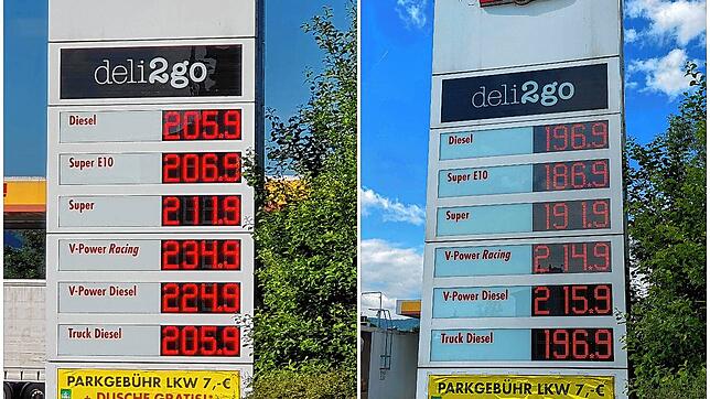 Der Unterschied bei den Preisen an der Shell-Tankstelle in Dogern vom Dienstag (links) zu Mittwoch liegt zwischen zehn und 20 Cent pro ...