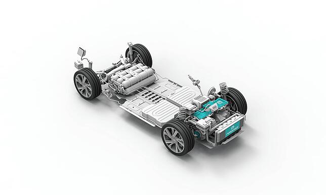 Das Gestell eines Wasserstofffahrzeugs mit den einzelnen Komponenten: die in Türkis werden vom Rietheimer Automobilzulieferer Marquardt ...