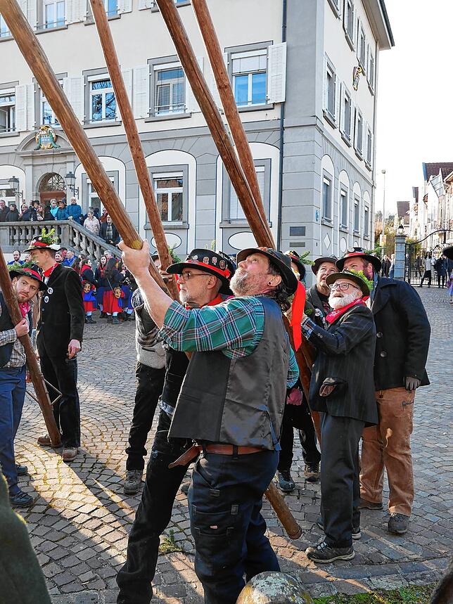 Geschick, sanfte Gewalt und Hebelgesetze wandten die Wälder beim Aufstellen des Narrenbaums an.