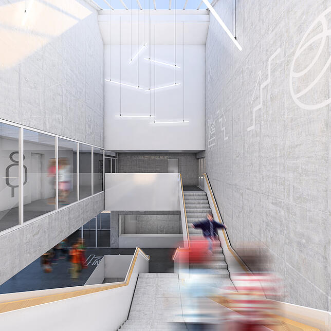 Fotorealistischer Entwurf der neuen Sporthalle, die auf dem Schulcampus in Überlingen gebaut wird.