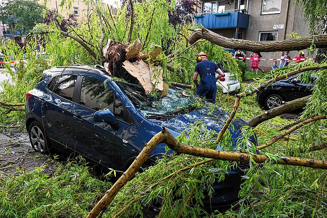 Nach einem schweren Unwetter räumen Feuerwehrleute Äste eines umgestürzten Baumes von geparkten Autos in Frankfurt. Tief Lambert hat in ...