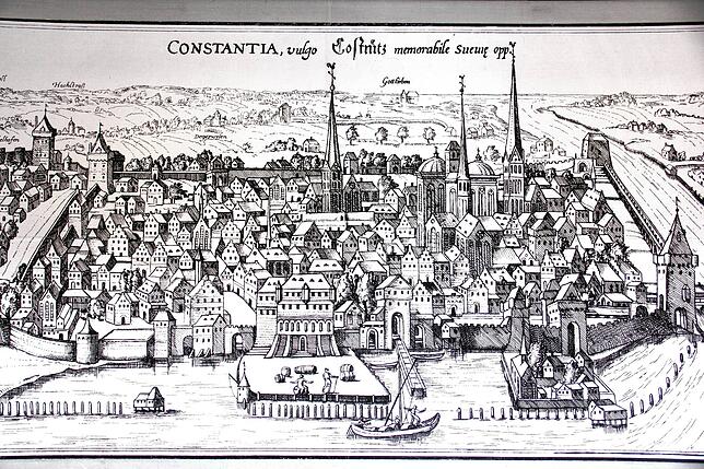 Als der Bodensee noch schwäbisch war: Diese Stadtansicht hängt im Stadtarchiv. Konstanz („Costnitz“) ist dabei eindeutig als ...