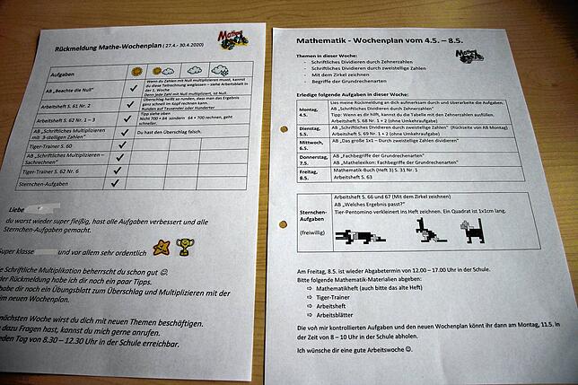 So sehen die Wochenpläne der Viertklässler für die Fächer Mathematik (Bild 1) und Deutsch (Bild 2) aus in der Hohenlupfenschule ...