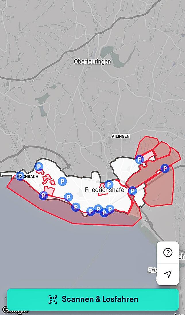 Eine Karte in der App „Tier“ zeigt das Stadtgebiet an. Innerhalb der roten Flächen herrscht für die E-Scooter Parkverbot.