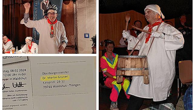 Ein Helm für Peter Kaiser, eine Waldshuter Gelte für den Tiengener Zunftmeister und ein Doktortitel für den neuen OB (im Uhrzeigersinn).