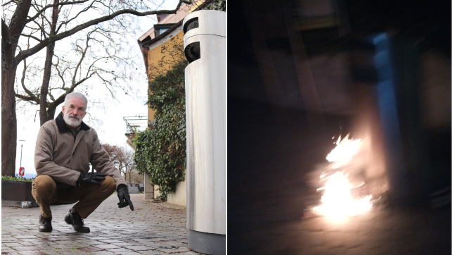 Holger Schappeler steht vor einem Mülleimer am Landungsplatz: Hier soll eine Feuerwerksbatterie in der Silvesternacht gebrannt haben. ...