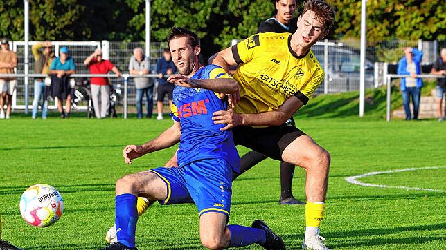 Hier kann der Denkinger Jan Ammann (hinten) den F.A.L.-Torjäger Mark Burgenmeister vom Ball trennen.