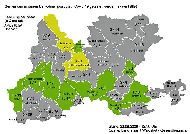 Aktive Sars-CoV-2-Infektionen und Genesene in den Städten und Gemeinden im Landkreis Waldshut am 23. September 2020.