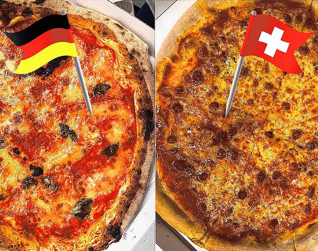 Die Pizza Margherita aus den verschiedenen Ländern. 12,50 Euro kostet die Pizza aus Tiengen; die aus der Schweiz kostet 16,50 CHF.