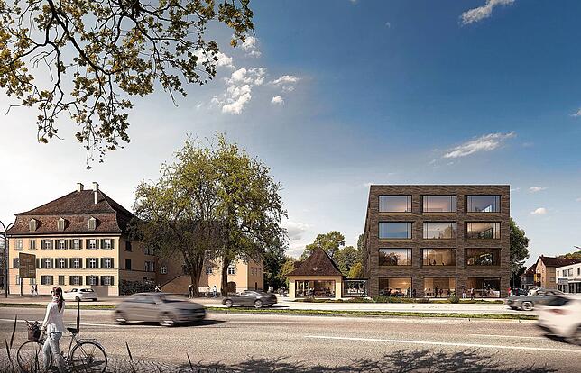 So soll das neue Quartier aussehen: Das Singener Schloss mit Remise bleibt, daneben soll ein modernes Gebäude Gewerbe und Wohnen vereinen.