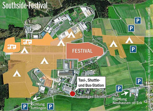 Übersichtsplan des Southside-Geländes mit Parkplätzen und der Shuttle- und Bus-Station des Festivals.