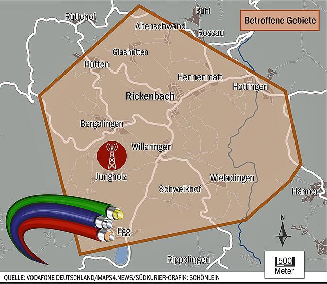 In diesem Gebiet sind Vodafone-Kunden vom Telefon- und Internet-Ausfall betroffen.