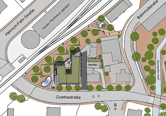 So sieht der Entwurf für Appartement-Gebäude neben dem Bahnübergang in der Goethestraße aus. Es ist olivgrün eingezeichnet. Das Parkhaus ...