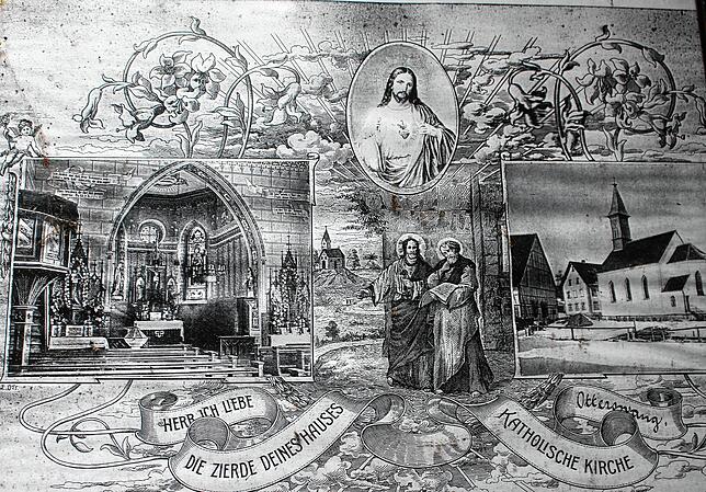 Dieses Bild von einem Künstler namens J. Masal ist in der Kirche noch vorhanden. Es zeigt links die frühere Ausstattung vor der ...