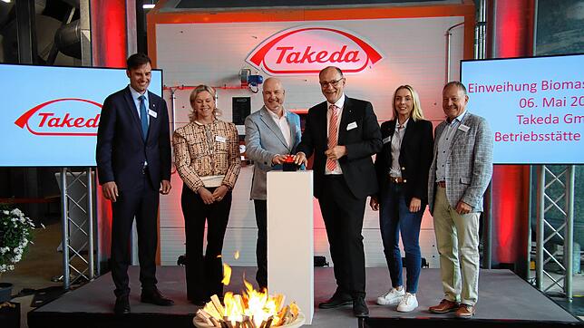 Sie drücken den Startknopf für das neue Biomasseheizwerk (von links): Landrat Zeno Danner, Ingeborg Borgheim (Sprecherin der ...