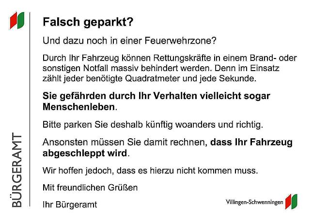 Diese Karte erhalten Falschparker in den kommenden Tagen. Anders als auf diesem Bild, wird die Karte gelb sein.