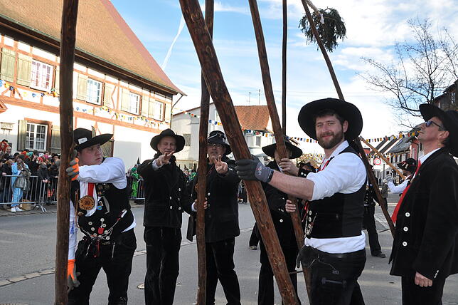 Die Zimmermannsgilde kennt sich beim Narrenbaumstellen bestens aus und jeder legt kräftig Hand an.