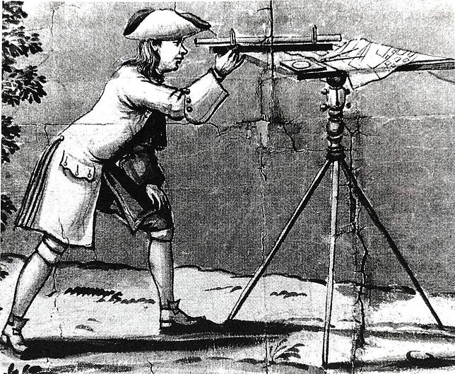 Geometer mit Messtisch, Diopterlineal, Bussole, Stechzirkel und Plan (um 1760)